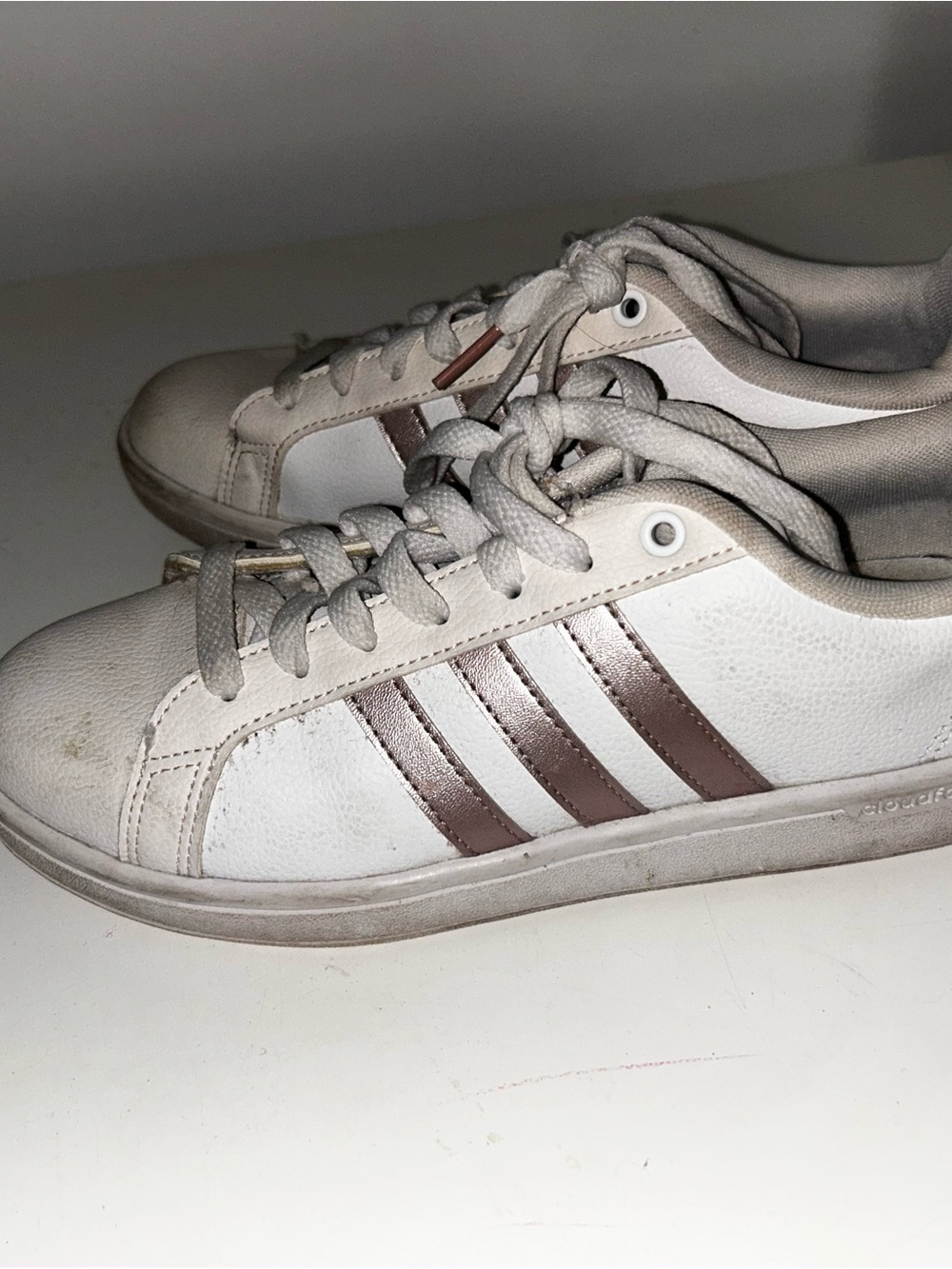 adidas White Sneakers with Metallic Rose Gold Accents